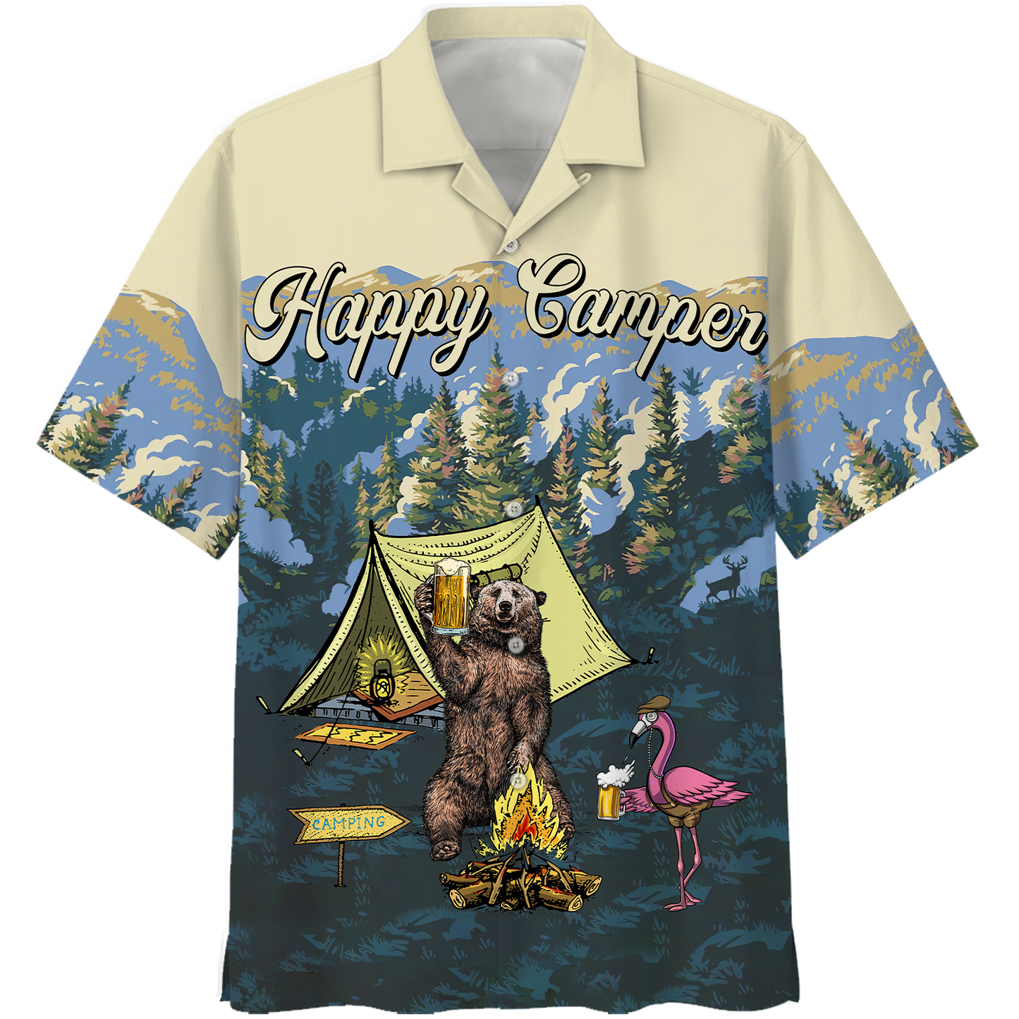 America Familleus - Happy Camper Bear & Flamingo Style Hawaii Shirt Short Hawaiian Shirt