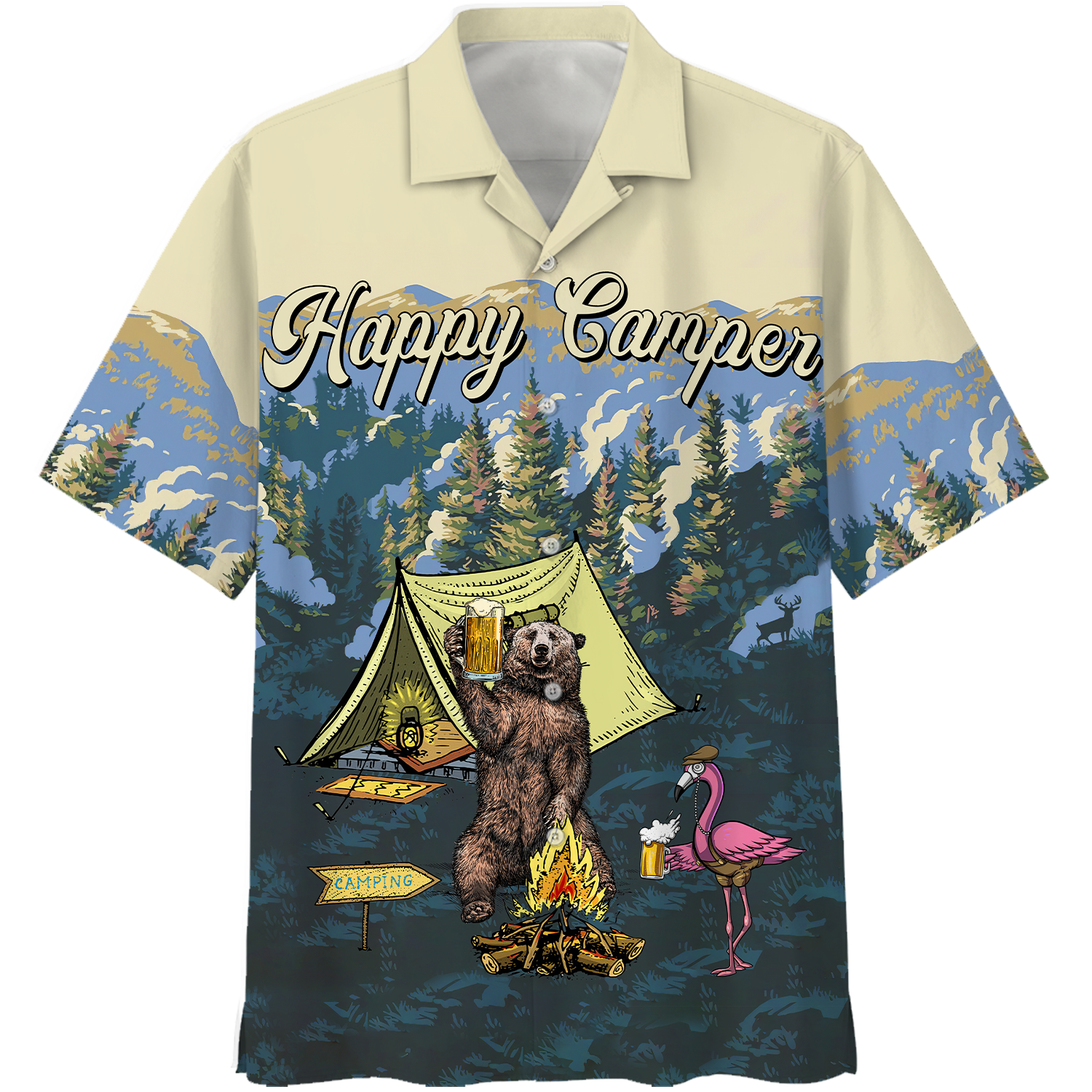 America Familleus - Happy Camper Bear & Flamingo Style Hawaii Shirt Short Hawaiian Shirt