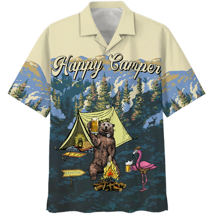 America Familleus - Happy Camper Bear & Flamingo Style Hawaii Shirt Short Hawaiian Shirt