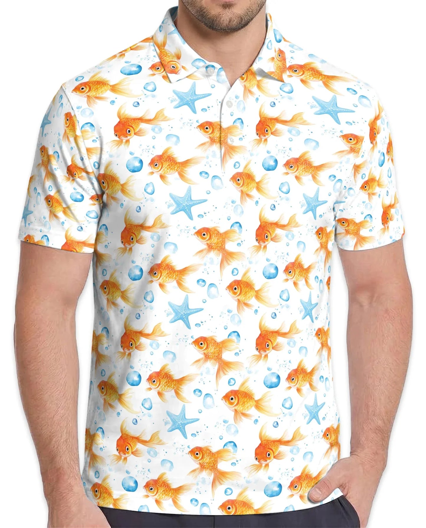 Goldfish Seamless Pattern Polo Shirt for Men, Elegant Aquarium Art | Azhawaiian