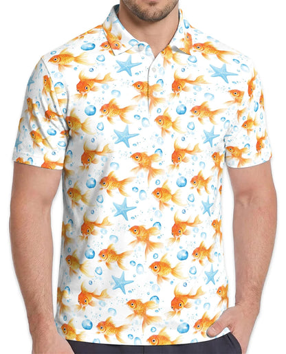 Goldfish Seamless Pattern Polo Shirt for Men, Elegant Aquarium Art | Azhawaiian