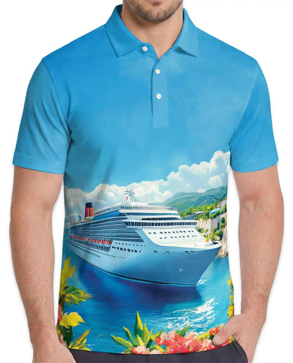 Cruise Ship Hawaiian Polo Shirt For Men, Ocean Voyage Tropical Summer Button Up Shirt