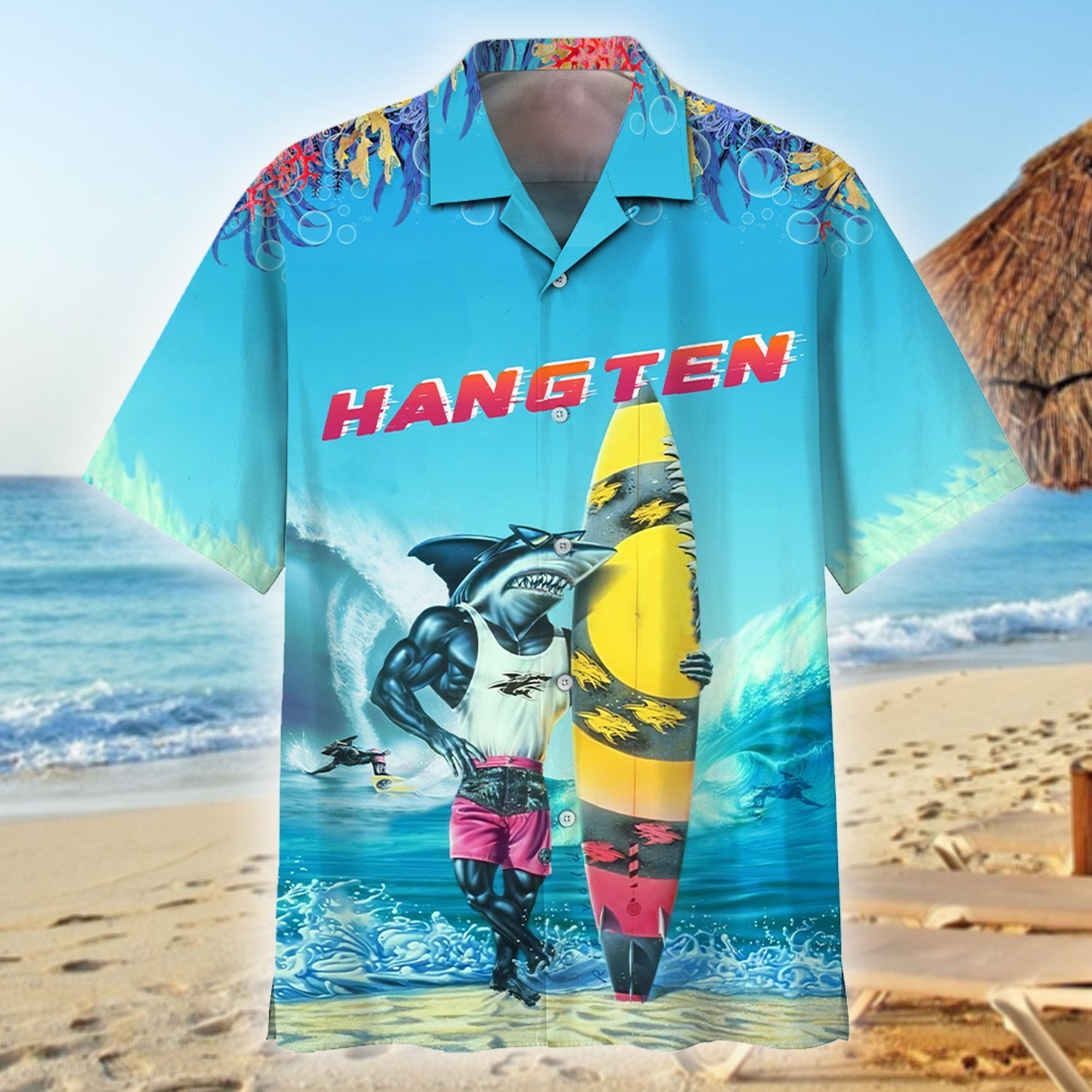 America Shark Hang Ten Hawaiian Shirt Lha230701S