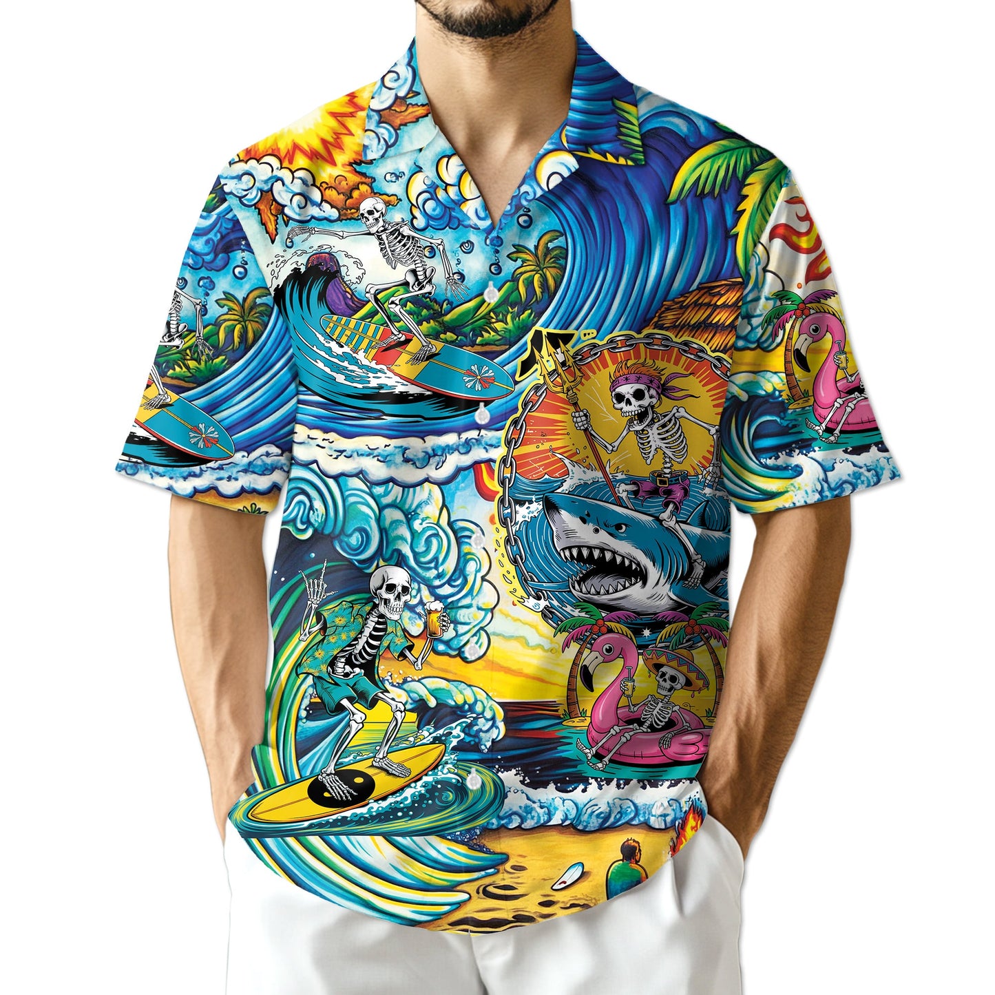 Funny Surfing Skull Art Hawaiian Shirt for Men, Button Down Aloha Shirt - Azhawaiian