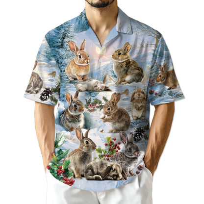 Rabbits in Snow Hawaiian Shirt for Men, Button Down Aloha Shirt - Azhawaiian