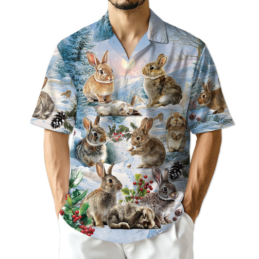 Rabbits in Snow Hawaiian Shirt for Men, Button Down Aloha Shirt