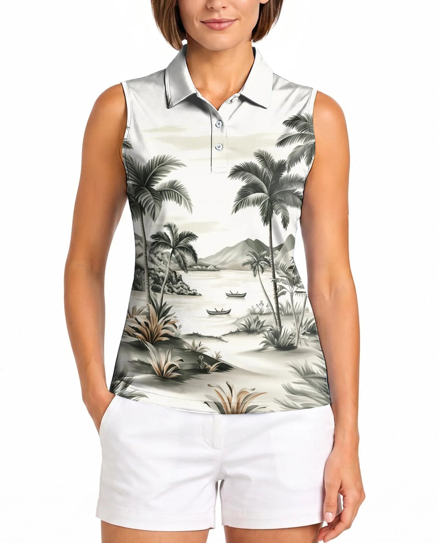 Vintage Coconut Tree Sleeveless Polo Shirt for Women | Azhawaiian