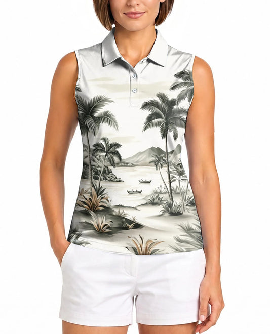 Vintage Coconut Tree Sleeveless Polo Shirt for Women | Azhawaiian