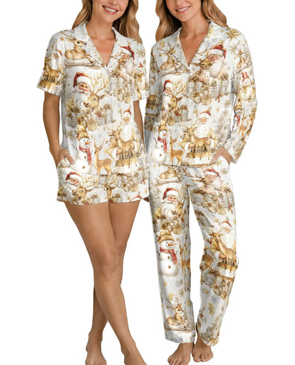White and Gold Christmas Pajama Set for Women – Santa & Reindeer Print
