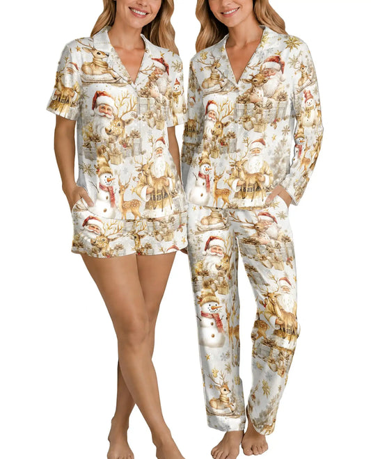 White and Gold Christmas Pajama Set for Women – Santa & Reindeer Print