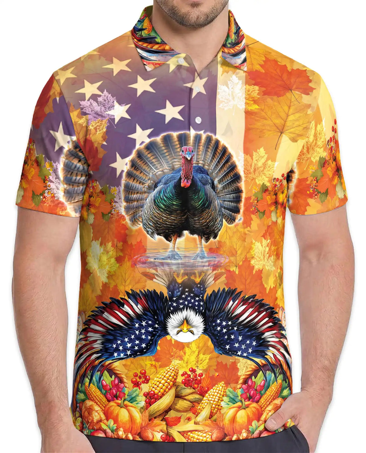 Thanksgiving Turkey American Eagle Hawaiian Polo Shirt For Men, Fall Harvest Patriotic Turkey Aloha Button Up Shirt