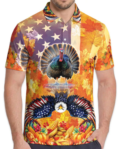 Thanksgiving Turkey American Eagle Hawaiian Polo Shirt For Men, Fall Harvest Patriotic Turkey Aloha Button Up Shirt
