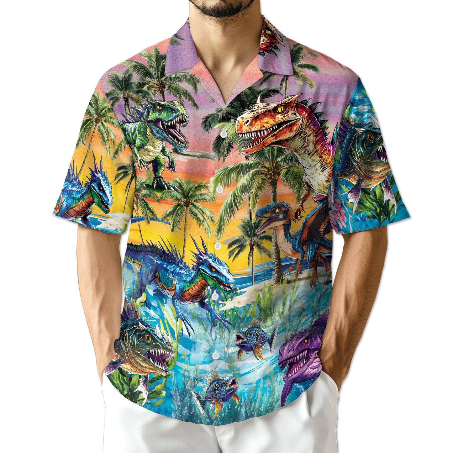 Tropical Dinosaur Hawaiian Shirt for Men, Button Down Aloha Shirt - Azhawaiian