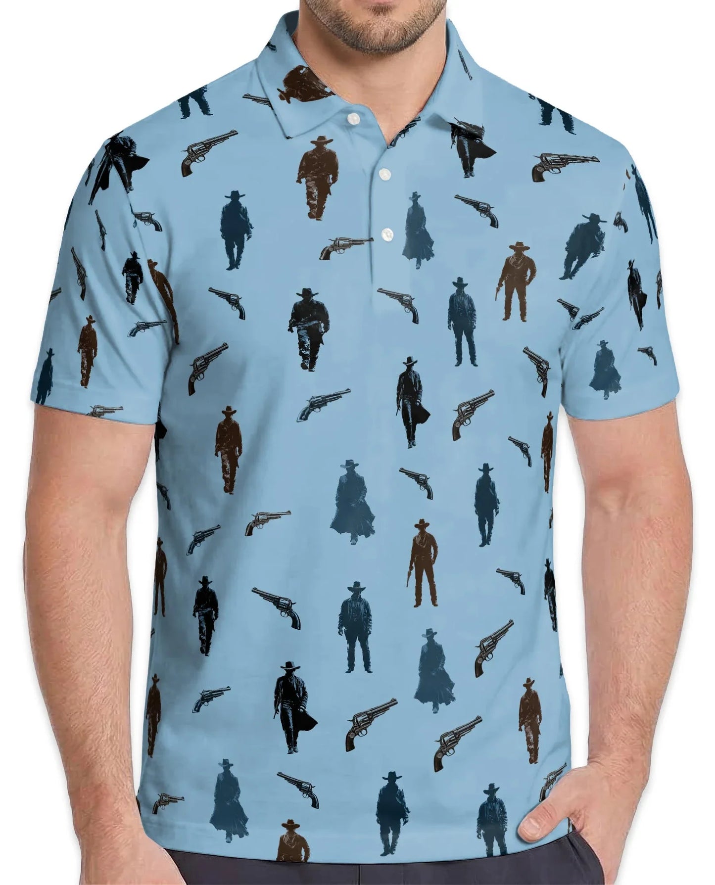 Cowboy Silhouette Pattern Polo Shirt for Men, Western Ranch Style | Azhawaiian