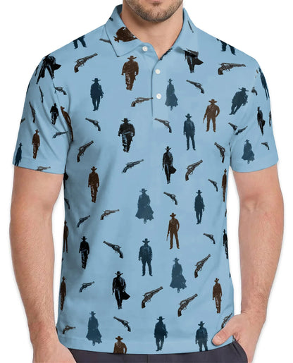 Cowboy Silhouette Pattern Polo Shirt for Men, Western Ranch Style | Azhawaiian
