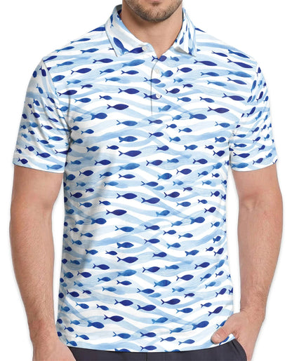 Blue and White Fish Pattern Polo Shirt for Men, Coastal Nautical Style | Azhawaiian