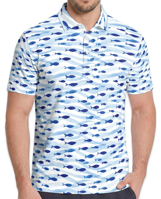 Blue and White Fish Pattern Polo Shirt for Men, Coastal Nautical Style | Azhawaiian