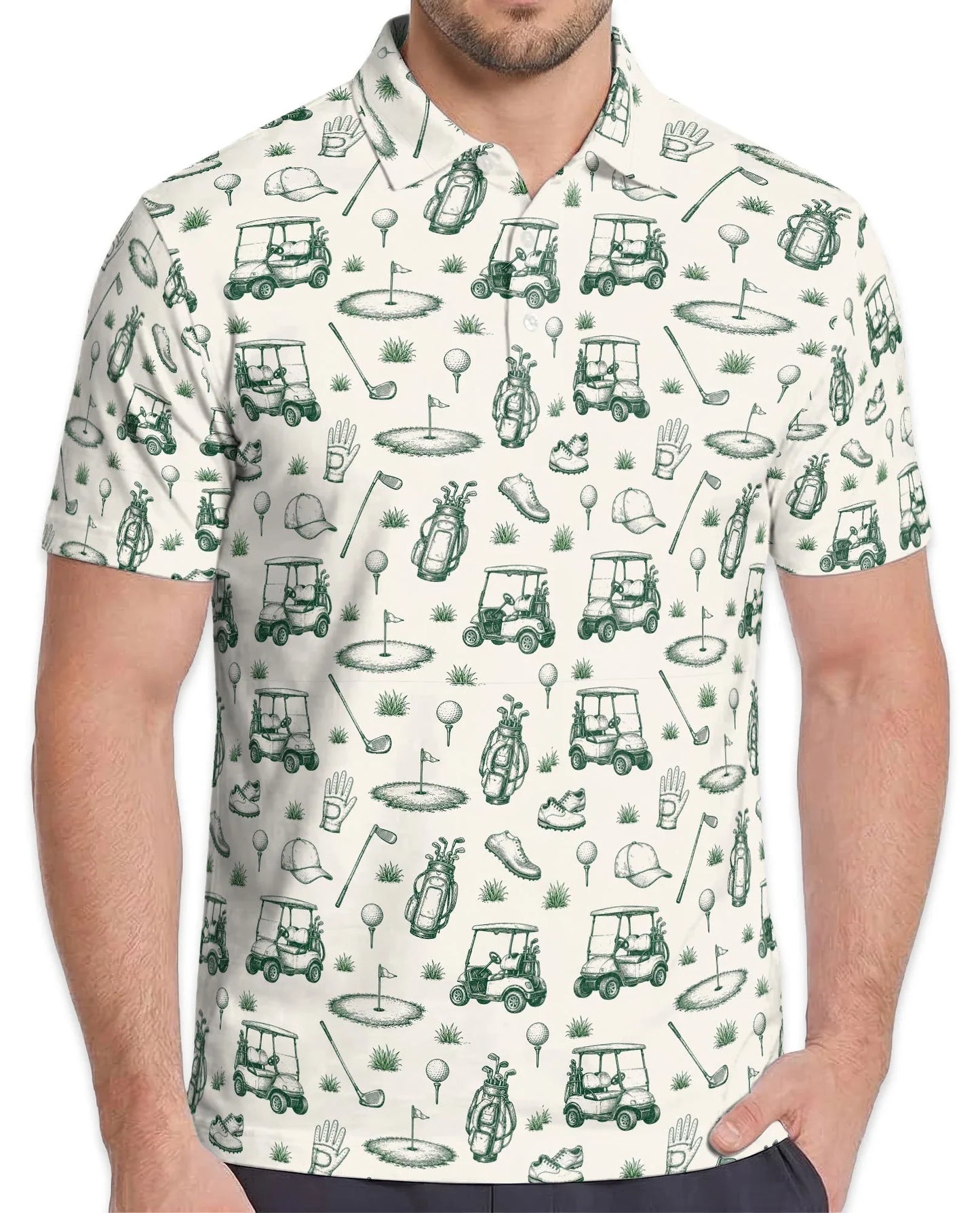 Vintage Golf Sketch Pattern Polo Shirt for Men, Classic Golfer Style | Azhawaiian