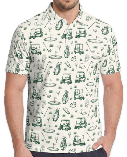 Vintage Golf Sketch Pattern Polo Shirt for Men, Classic Golfer Style | Azhawaiian