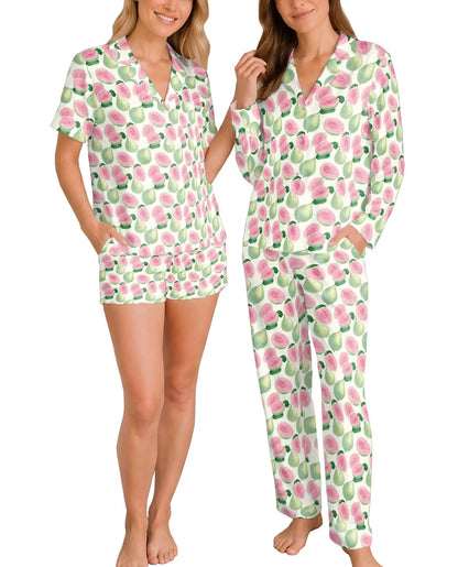 Pink Guava Pajama Set for Women – Tropical Fruit Watercolor Print