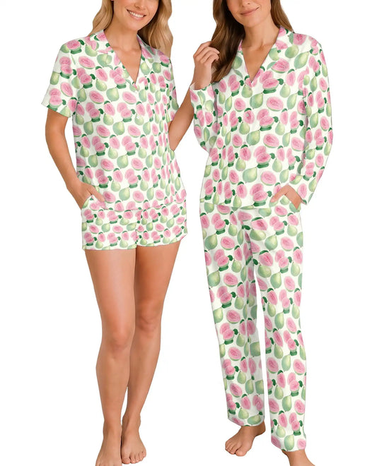 Pink Guava Pajama Set for Women – Tropical Fruit Watercolor Print