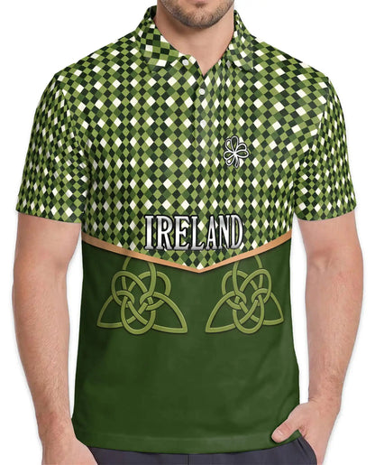 Ireland Shamrock Hawaiian Shirt For Men, Green Celtic Knot St Patrick's Day Polo Shirt