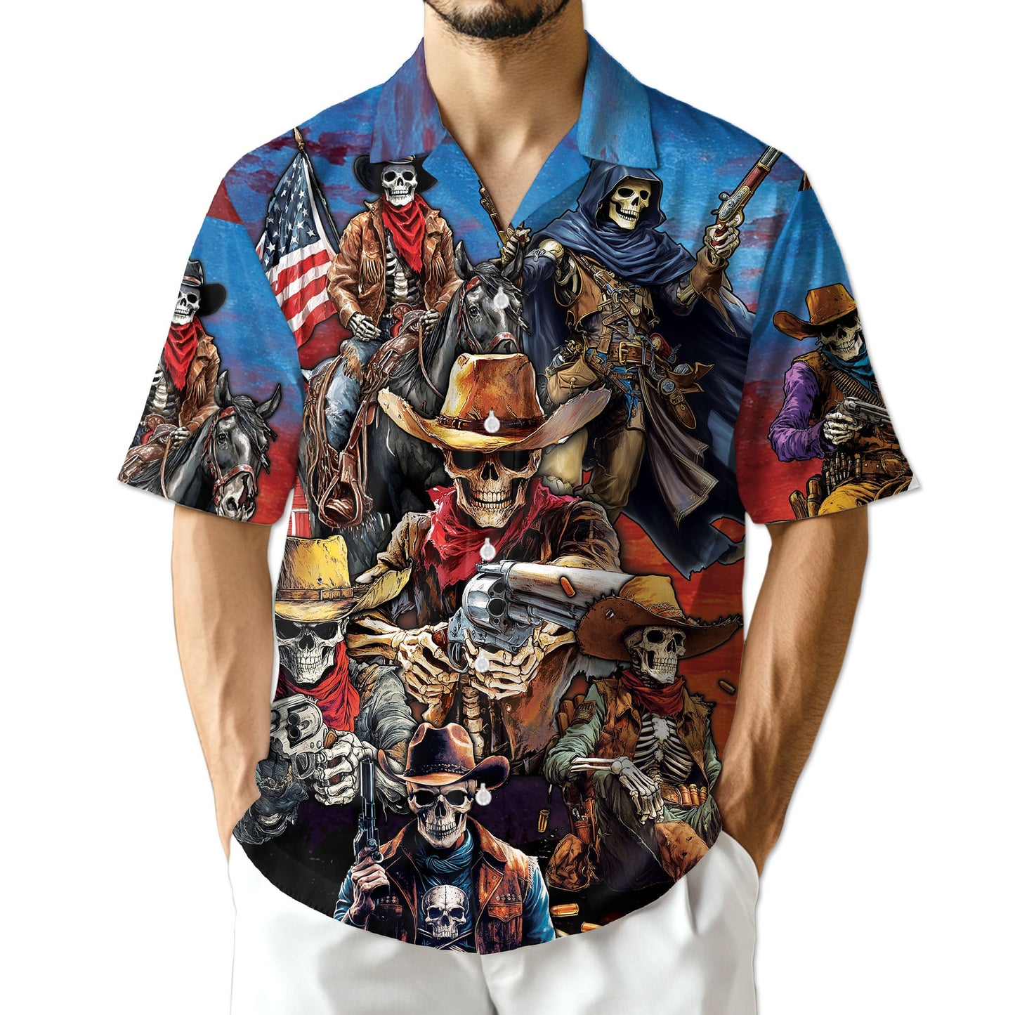 Western Cowboy Skeleton Hawaiian Shirt for Men, Button Down Aloha Shirt - Azhawaiian