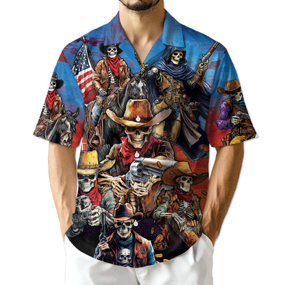 Western Cowboy Skeleton Hawaiian Shirt for Men, Button Down Aloha Shirt - Azhawaiian