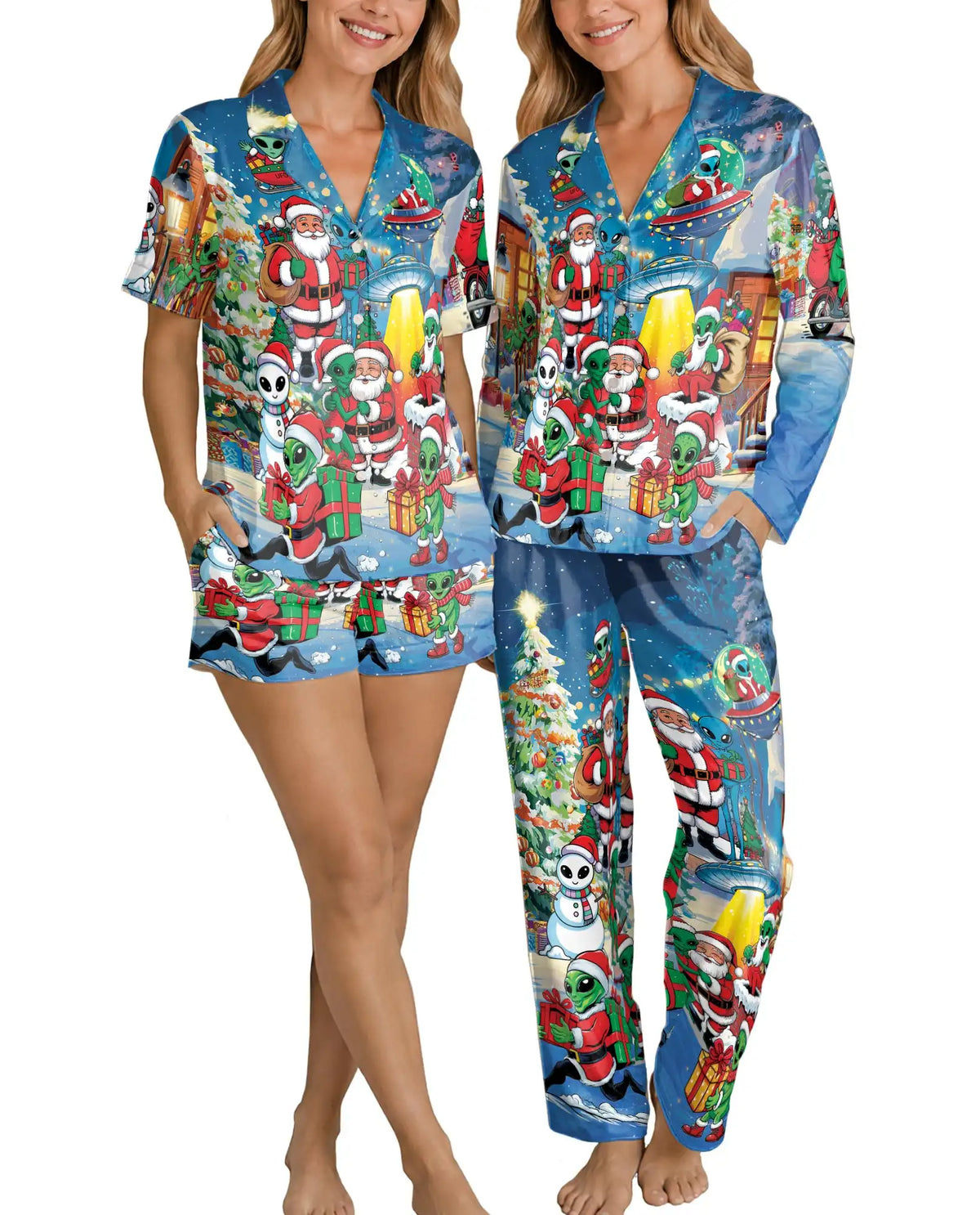 Alien Christmas Pajama Set for Women – Santa & UFO Holiday Print