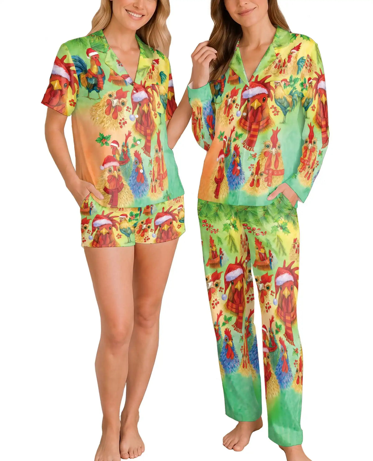 Christmas Chicken Pajama Set for Women, Rooster Holiday Sleepwear with Farmhouse Design