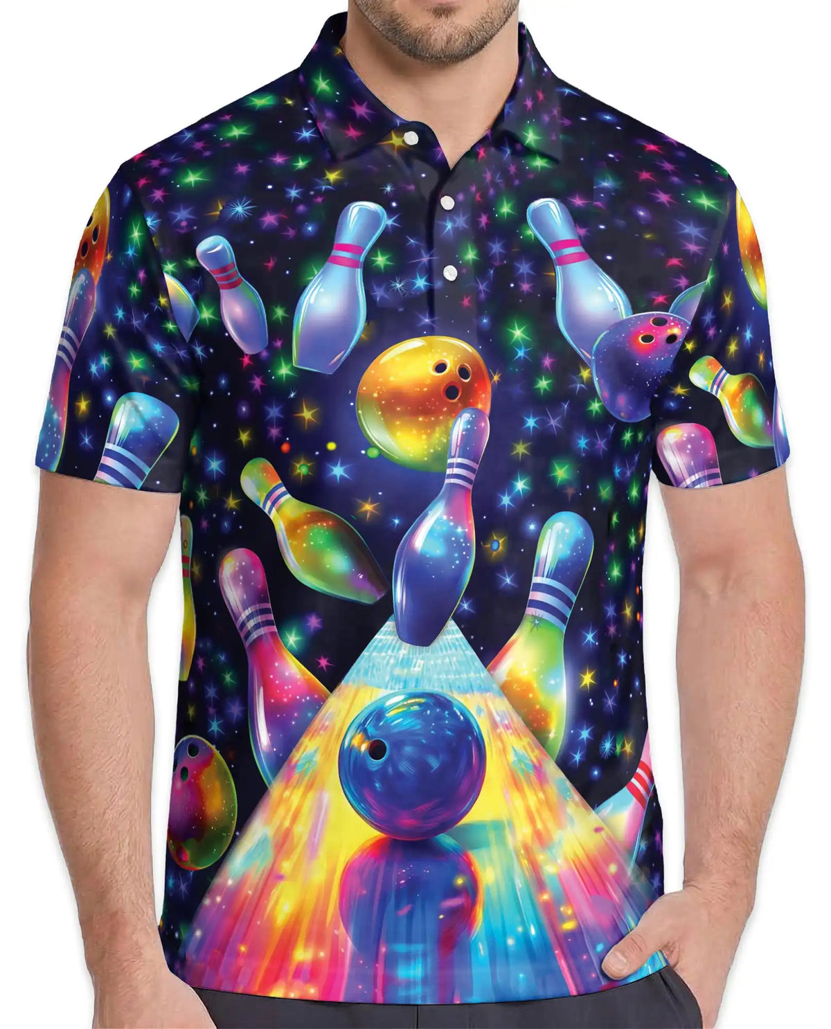 Cosmic Bowling Hawaiian Polo Shirt For Men, Galaxy Bowling Ball & Pins Space Print Button Up Shirt