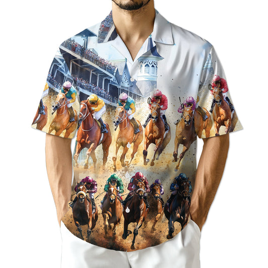 Vintage Horse Racing Hawaiian Shirt for Men, Button Down Aloha Shirt