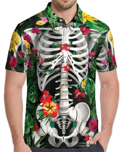 Tropical Skeleton Hawaiian Polo Shirt For Men, Floral Skull Anatomy Bone Aloha Button Up Shirt