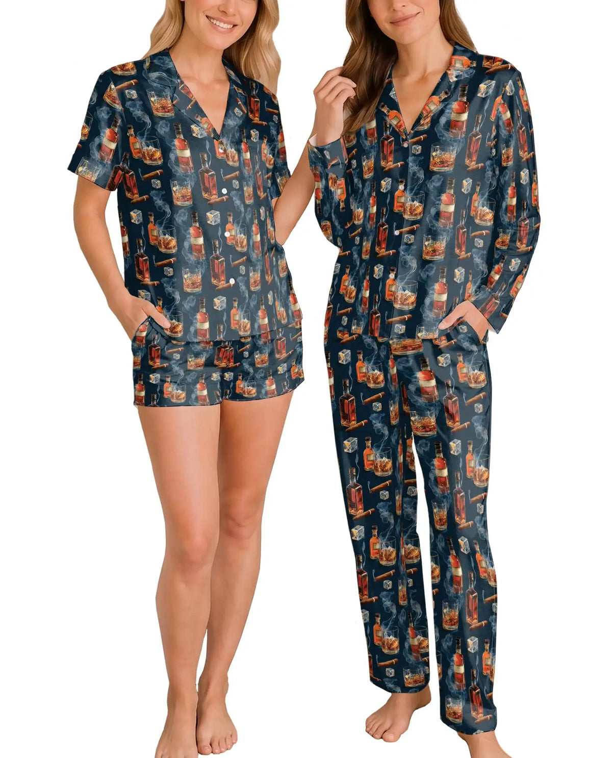 Whiskey and Cigar Pajama Set for Women – Vintage Whiskey Glass & Smoke Print