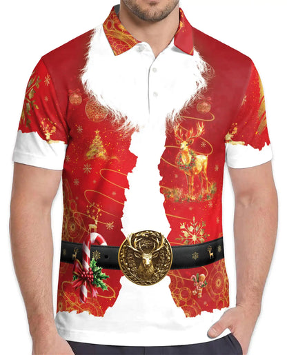 Santa Claus Christmas Hawaiian Polo Shirt For Men, Red Xmas Reindeer Belt Ugly Christmas Button Up Shirt