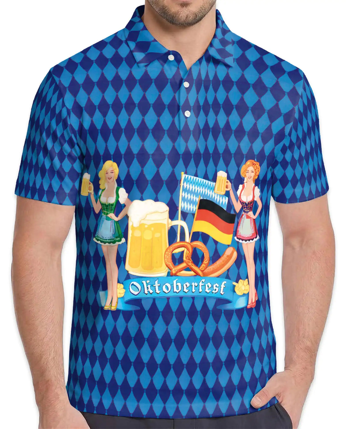 Oktoberfest Hawaiian Shirt For Men, German Beer Festival Blue Diamond Pattern Button Up Shirt