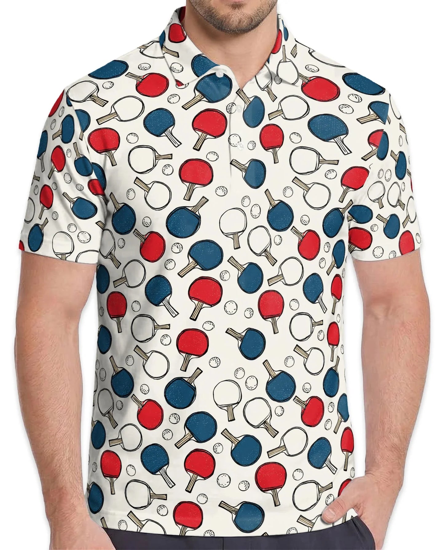 Ping Pong Paddle Pattern Polo Shirt for Men, Table Tennis Sports Style | Azhawaiian