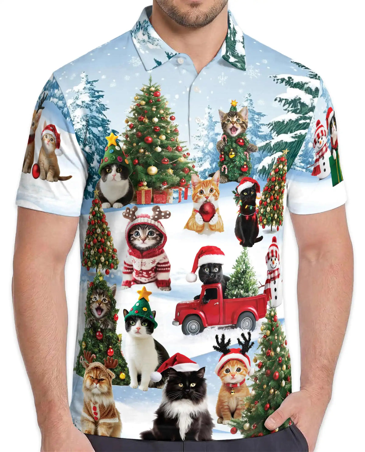 Christmas Cat Hawaiian Polo Shirt For Men, Cute Santa Kitty Holiday Shirt, Winter Snow Cat Lover Gift