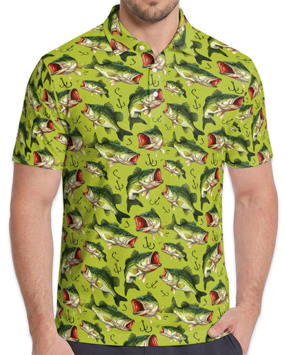 Bass Fishing Pattern Polo Shirt for Men, Outdoor Angler Style | Azhawaiian