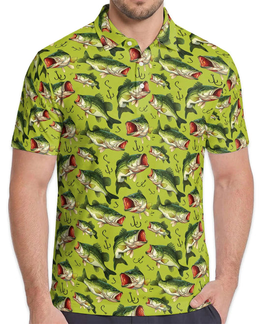 Bass Fishing Pattern Polo Shirt for Men, Outdoor Angler Style | Azhawaiian