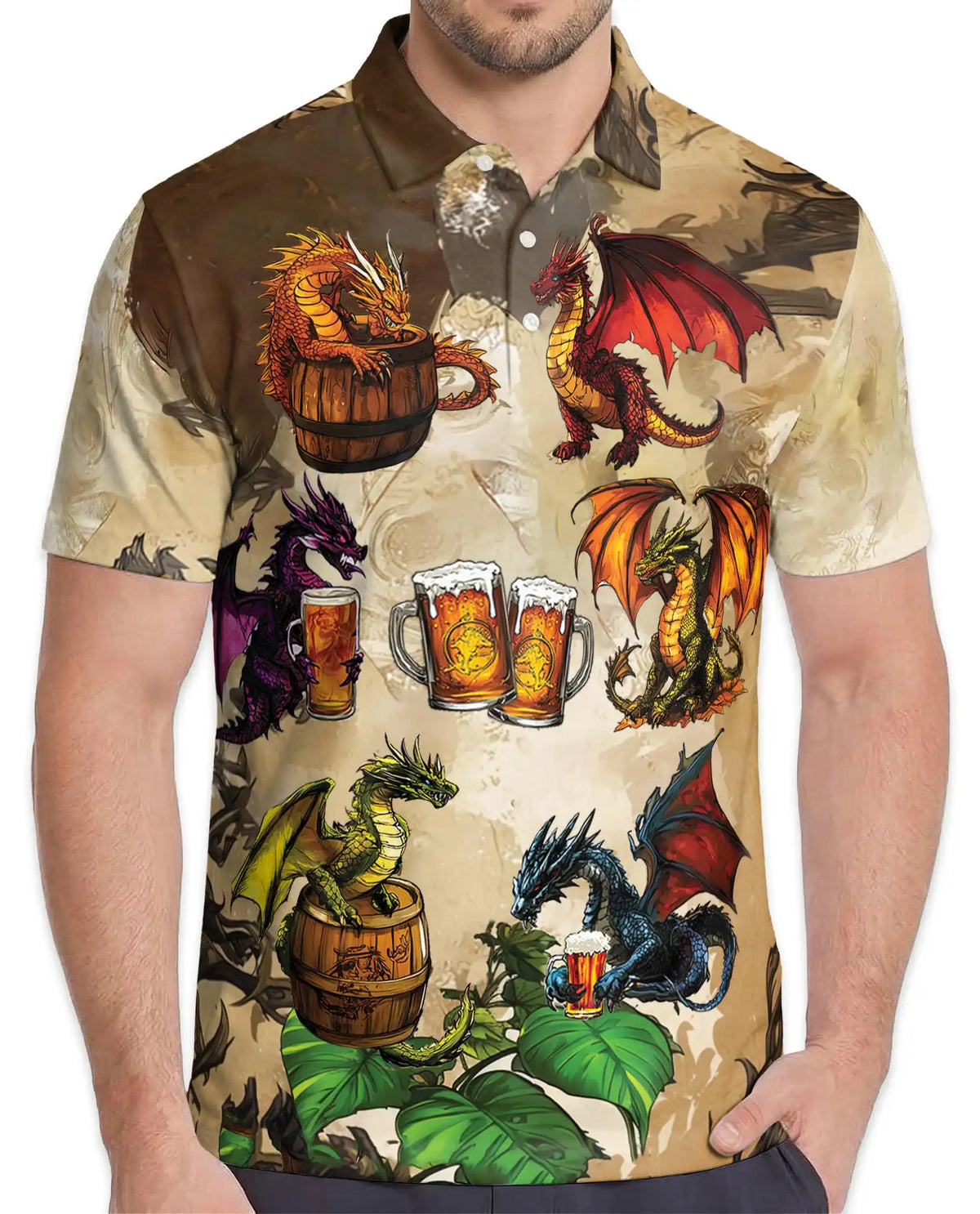 Dragon Beer Hawaiian Polo Shirt For Men, Fantasy Dragon Drinking Beer Tropical Button Up Shirt
