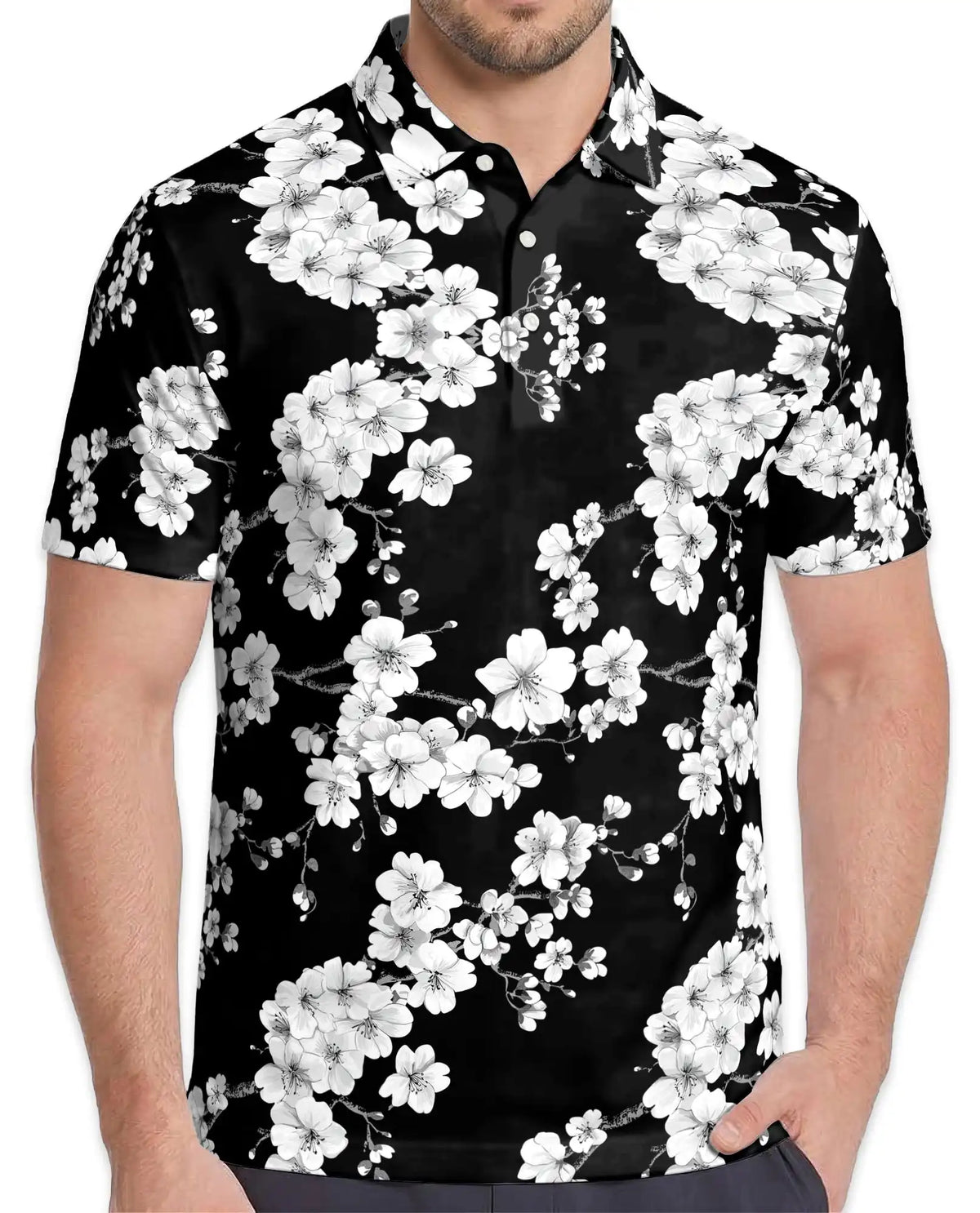 Black Floral Hawaiian Shirt For Men, White Cherry Blossom Tropical Button Up Shirt