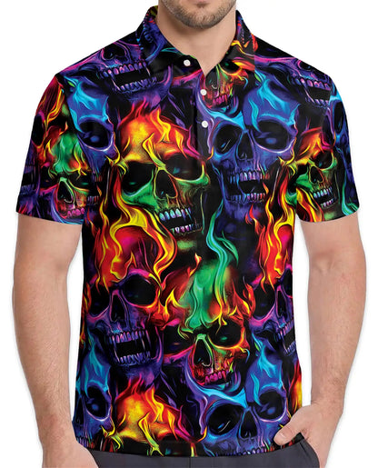 Colorful Skull Hawaiian Shirt For Men, Neon Flame Skeleton Graphic Button Up Shirt