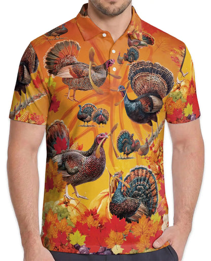 Thanksgiving Turkey Hawaiian Polo Shirt For Men, Fall Autumn Leaves Turkey Print Aloha Button Up Shirt