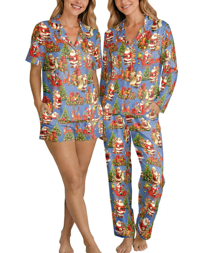 Santa Sleigh Christmas Pajama Set for Women – Reindeer & Gifts Print