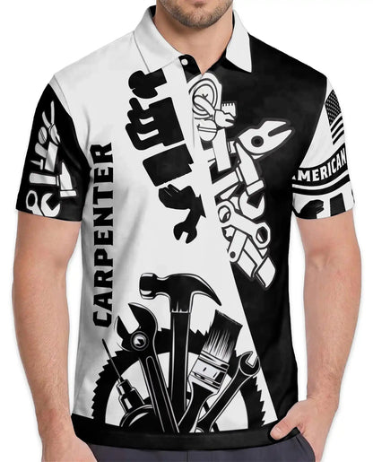 Carpenter Workwear Polo Shirt For Men, Black White Tool Design Graphic Button Up Shirt