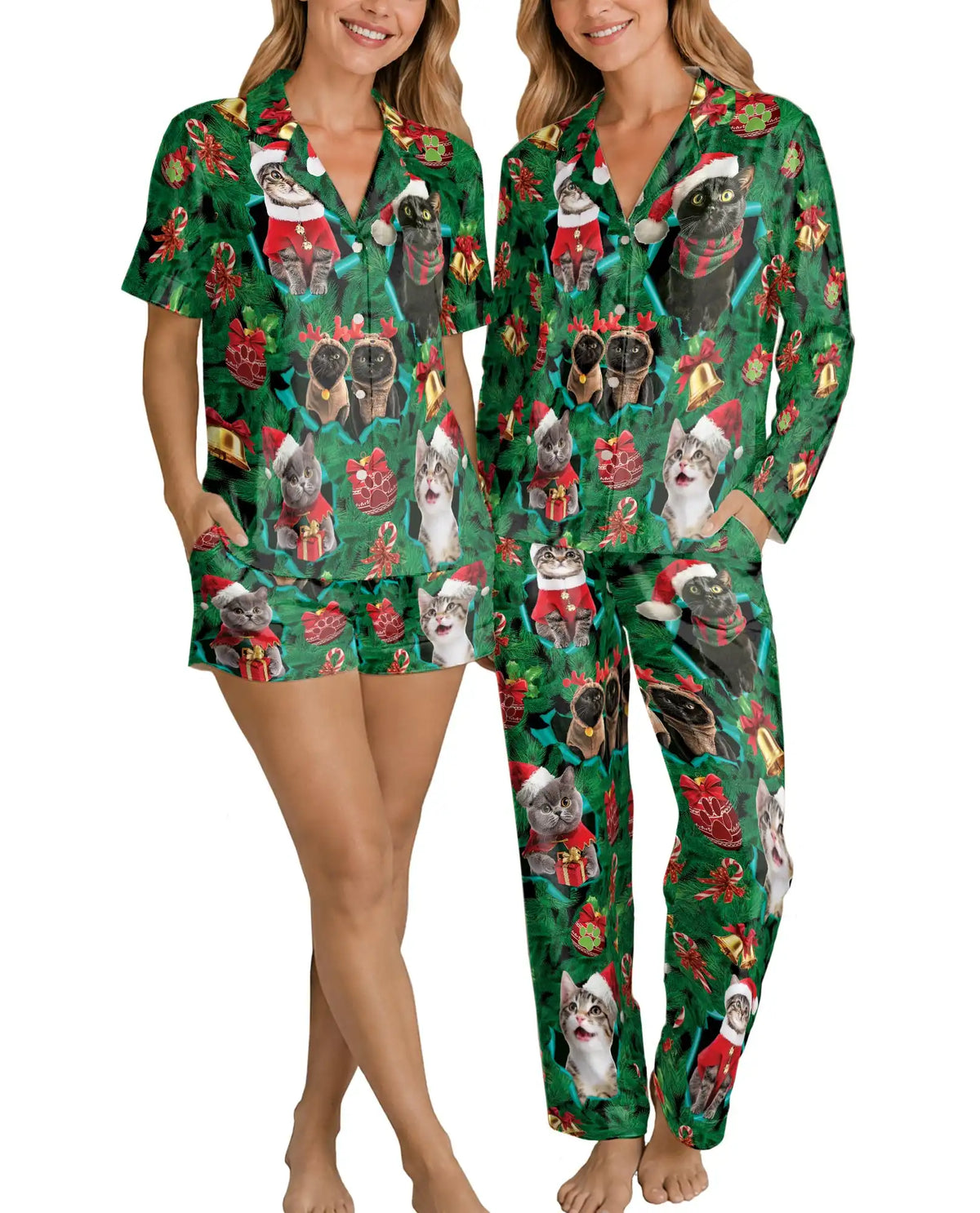 Christmas Cat Pajama Set for Women – Cute Santa Kitty Print