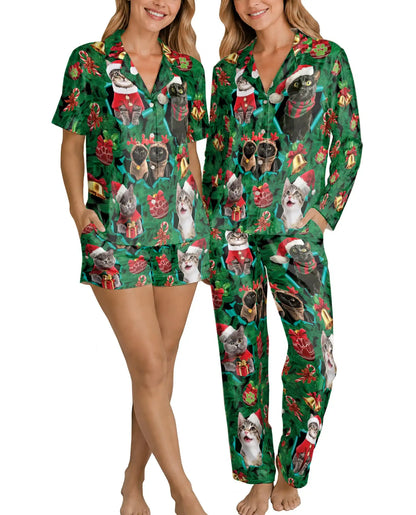 Christmas Cat Pajama Set for Women – Cute Santa Kitty Print