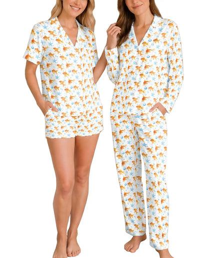 Goldfish Pajama Set for Women – Cute Orange Fish, Blue Starfish & Bubble Print