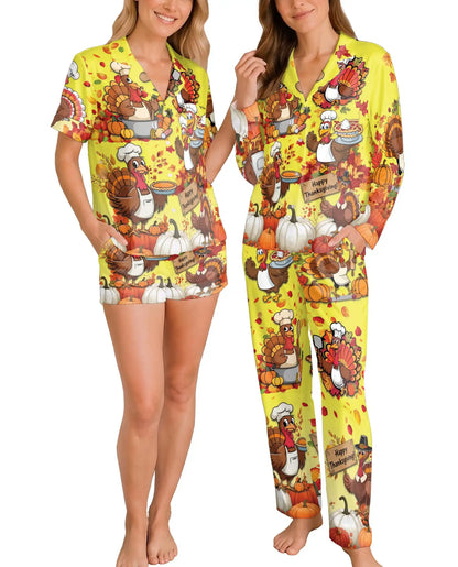 Thanksgiving Turkey Pajama Set for Women – Fall Pumpkin Print